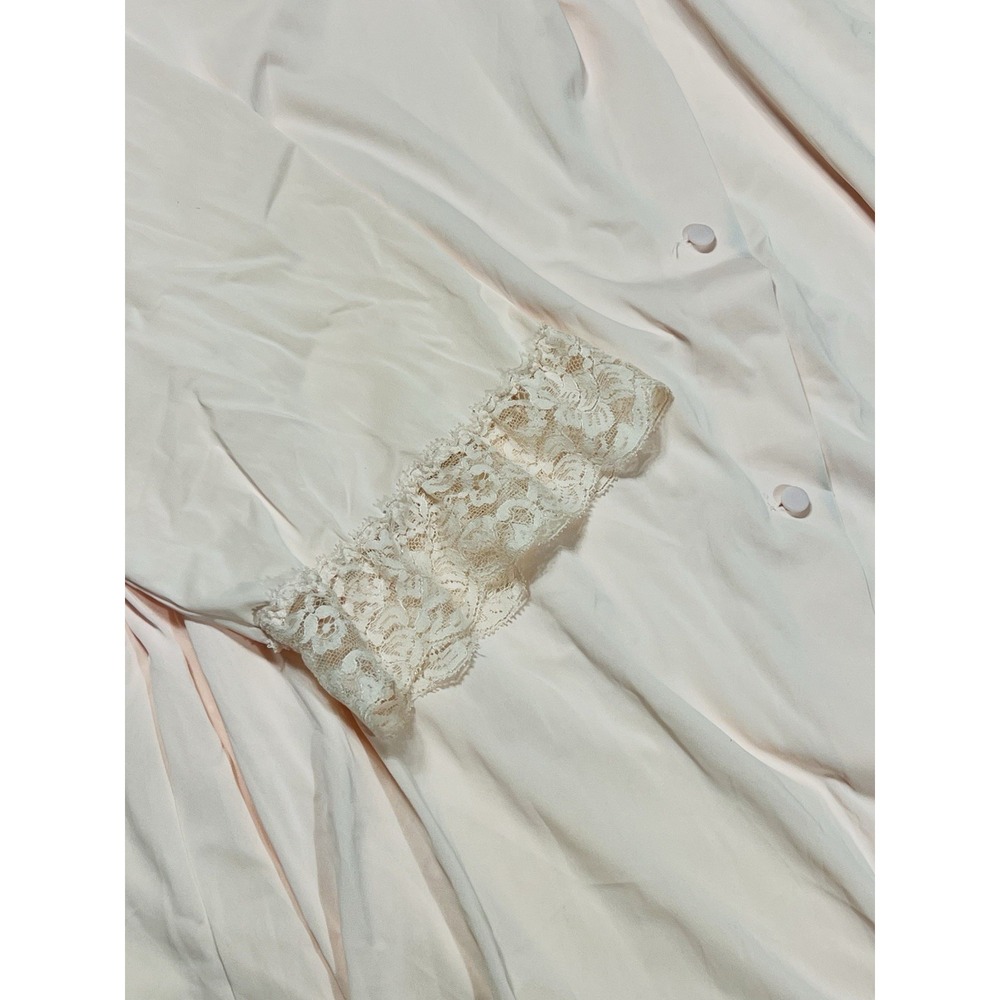 Shadowline Long Robe Pink Peach Nylon Lace Button Front Romantic VTG Size Large - Picture 5 of 11